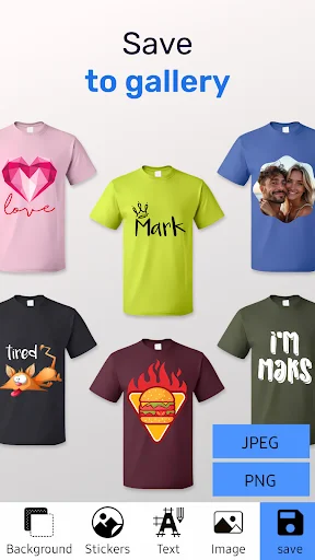 Save to gallery screen showing completed custom t-shirt designs including heart graphic, text, and photo designs with save options