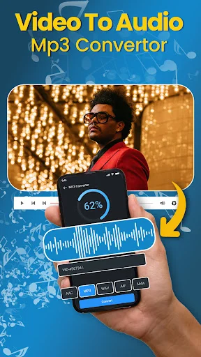 Video to Mp3 converter app showing audio extraction interface with waveform and 62% conversion progress display