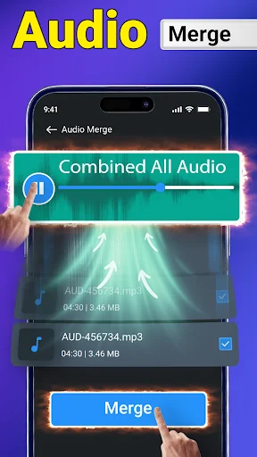 Audio merge screen showing combined audio files with file details and merge button for audio joining