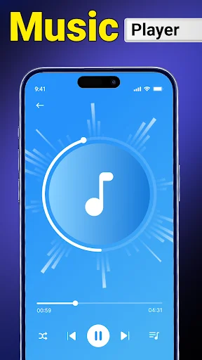 Music player interface with blue gradient design showing playback controls and progress bar at 00:53