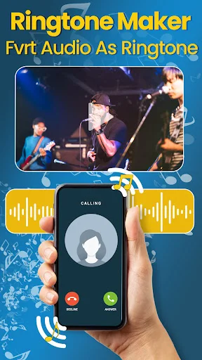 Ringtone Maker feature with phone call interface and audio waveforms for converting audio to ringtone