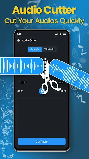 Audio cutter interface with waveform, scissors icon, and trim controls for cutting audio files quickly