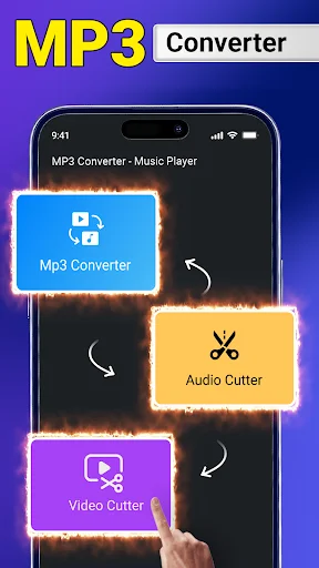 MP3 converter app home screen with three main options: Mp3 Converter, Audio Cutter, and Video Cutter