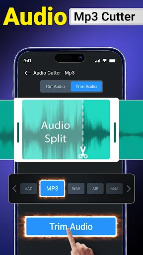 Audio Mp3 cutter showing waveform split interface with format options MP3, WAV, AIF, M4A and trim button