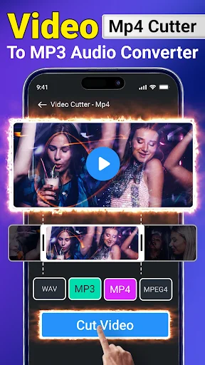 Video Mp4 cutter showing video preview with timeline trimmer and format options WAV, MP3, MP4, MPEG4