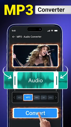 MP3 audio converter interface displaying video preview with audio waveform and format selection convert button