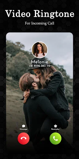 Video ringtone incoming call interface: caller Melanie with profile photo, nature video background, answer and decline buttons