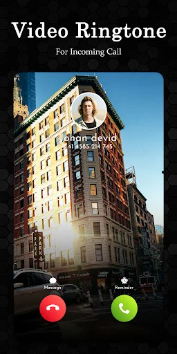 Video ringtone call screen: Simon david caller with cityscape video background, message reminder and call control buttons