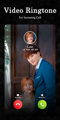 Incoming video call display: caller Lee with profile photo, indoor video background, answer decline call buttons