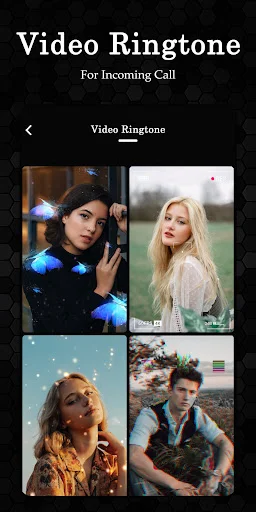 Video ringtone gallery: grid view with four video thumbnail options for selecting incoming call video customization