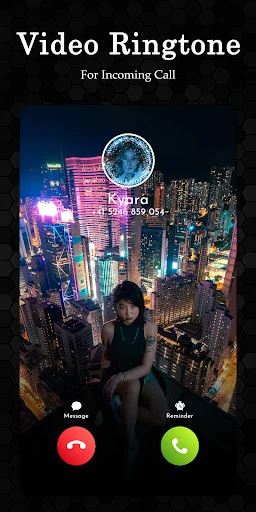 Video ringtone call screen: Kyara caller with night city video background, answer and decline call control buttons
