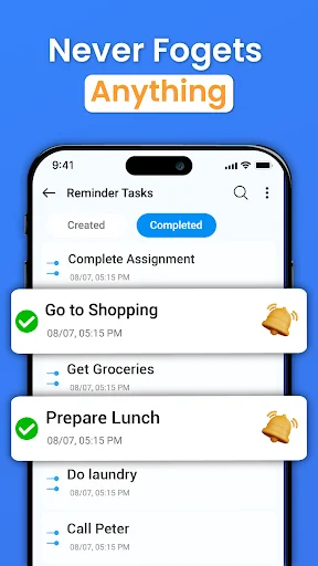Voice Notepad app showing reminder tasks list with completed items like Go to Shopping and Prepare Lunch