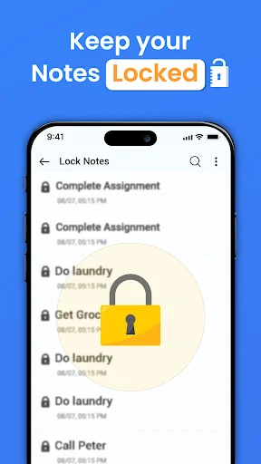 Lock Notes security feature displaying notes protected with padlock icons for Complete Assignment, Do laundry, Get Groceries, and Call Peter reminders