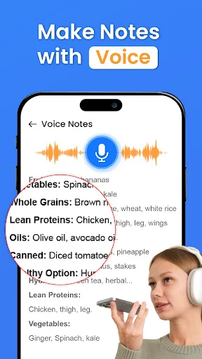 Voice Notes recording interface with waveform visualization, blue microphone button, and transcribed text showing food items like Spinach, Brown Rice, Lean Proteins, and Oils