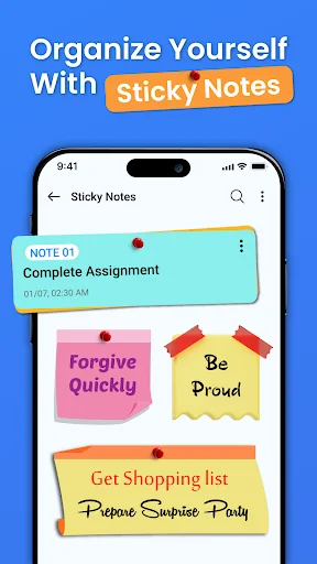 Sticky notes feature in Voice Notepad displaying colorful notes including Complete Assignment and Get Shopping list