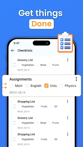 Checklists screen showing organized grocery lists, assignments, and shopping lists with item categories