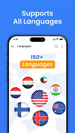 Language support screen displaying 150+ languages with country flags including USA, India, Finland, and Australia