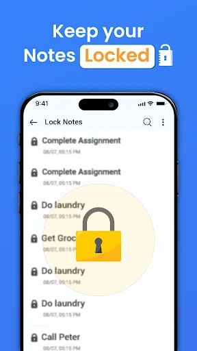 Locked notes security feature showing password-protected notes list with lock icons for privacy