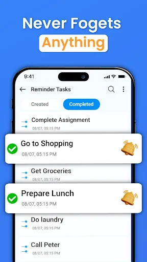Reminder Tasks screen showing completed tasks with green checkmarks and bell notification icons for Go to Shopping and Prepare Lunch reminders