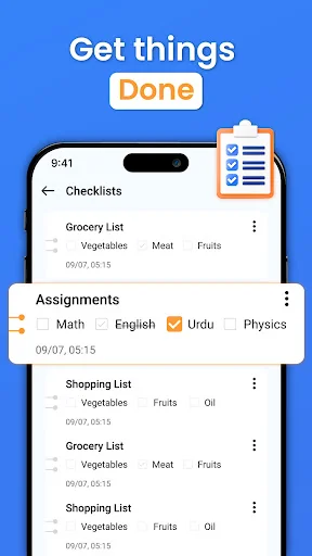 Checklists view organizing multiple task lists with categories like Grocery List with Vegetables and Meat, Assignments with Math English Urdu Physics subjects, and Shopping List