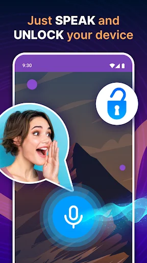 Voice Screen Lock app intro screen showing woman speaking to unlock phone with blue microphone icon and unlock symbol