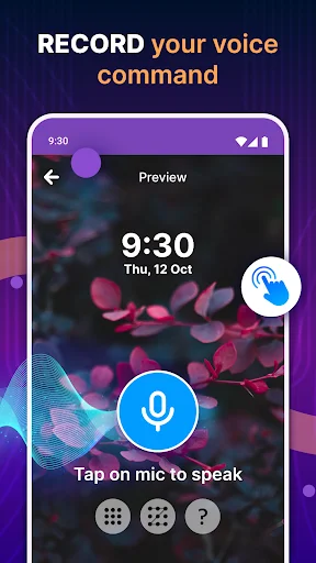 Voice command recording screen with microphone button and 'Tap on mic to speak' instruction for voice unlock setup