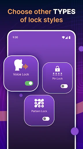 Lock style selection menu showing Voice Lock, Pin Lock, and Pattern Lock options with toggle switches for customization