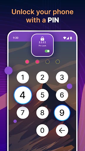 PIN unlock interface with numeric keypad (0-9) and colorful dots showing PIN entry progress for screen security
