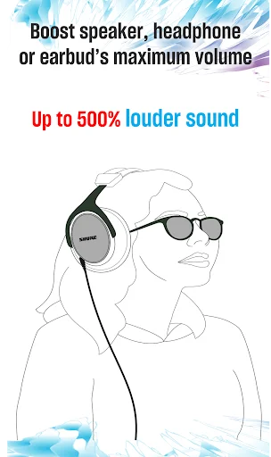 Volume Booster app showing person with headphones - boost audio up to 500% louder for speakers and earbuds