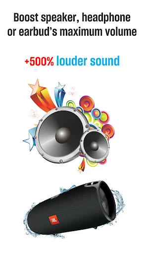 Volume Booster audio amplifier showing speakers with 500% louder sound boost for music and media playback