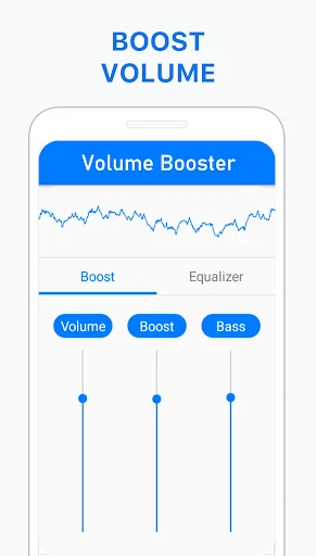 Volume Booster app interface with boost tab showing Volume, Boost, and Bass slider controls and waveform display