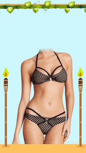 Women Bikini Photo Suit app screenshot showing black mesh bikini design with tropical beach background and tiki torches