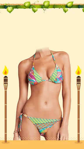 Colorful tribal print bikini outfit displayed in Women Bikini Photo Suit app with decorative beach scene and green foliage