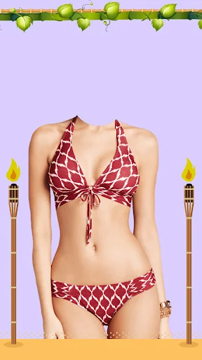 Red geometric pattern bikini suit featured in Women Bikini Photo Suit photography app with purple beach backdrop