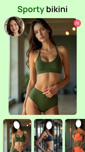 Sporty bikini category screen in Women Bikini Photo Suit app displaying woman in green athletic bikini style with indoor background and variations