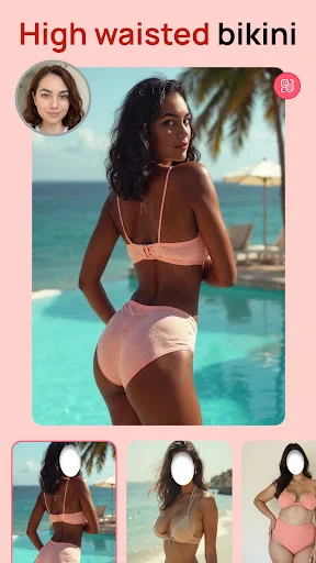 High waisted bikini category in Women Bikini Photo Suit app showing woman in pink high-waisted bikini by pool with thumbnail style previews