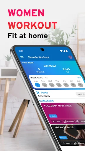 Women Workout app home screen showing fitness tracker with workout stats, calendar, and female model exercising at home