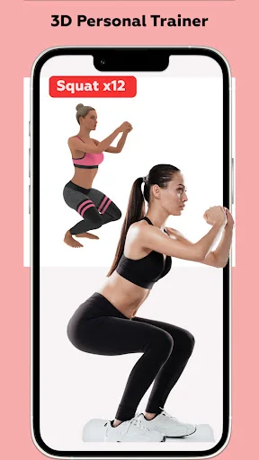 3D Personal Trainer demonstrating squat exercise with female fitness model for proper form and technique guidance