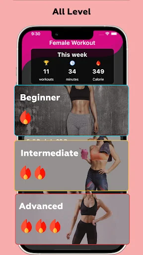 All fitness levels screen showing Beginner, Intermediate, Advanced workout programs with difficulty indicators