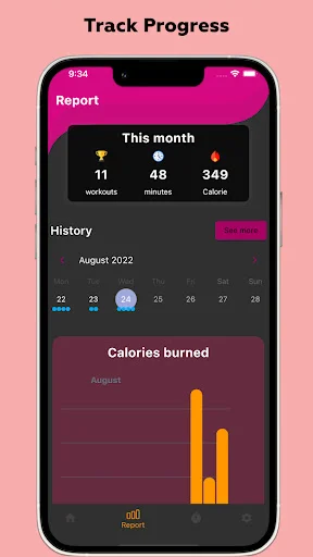 Progress tracking dashboard displaying monthly workout stats, calories burned, and exercise history for female fitness