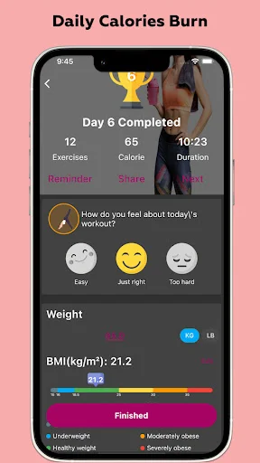 Daily workout completion screen showing calories burned, exercise count, BMI tracker, and workout difficulty rating
