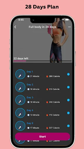 28 Days Plan schedule showing daily workout durations and calorie targets for complete female fitness program