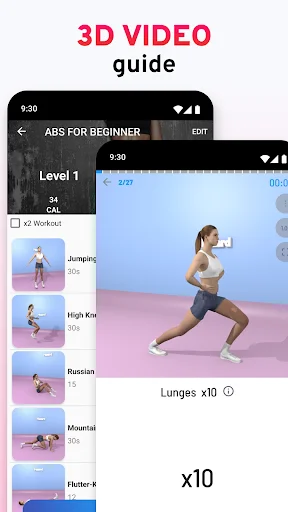 3D video guide showing lunges exercise with animated female trainer - step-by-step workout instructions for beginners