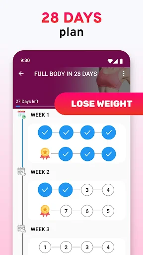 28 days fitness plan interface showing weekly workout progress tracker with completed exercises and weight loss goals