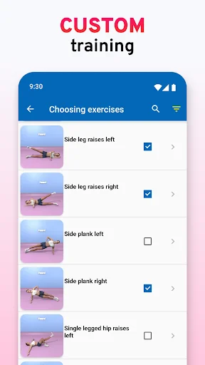 Custom training screen for choosing leg exercises like side leg raises and planks for personalized home workouts