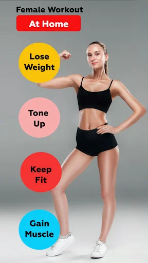 Female workout app main menu with fitness goals: Lose Weight, Tone Up, Keep Fit, Gain Muscle for women at home