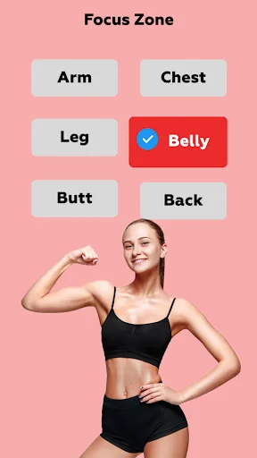 Focus Zone body area selector highlighting belly workouts with fit woman model for targeted female fitness training