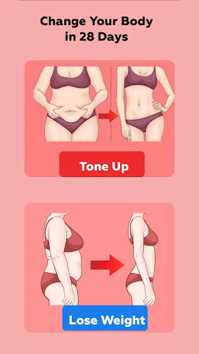 28-day body transformation showing before/after illustrations for Tone Up and Lose Weight fitness goals for women