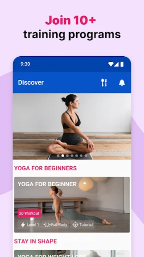 Discover page in Daily Yoga app featuring 10+ training programs with beginner-friendly yoga workouts and video tutorials