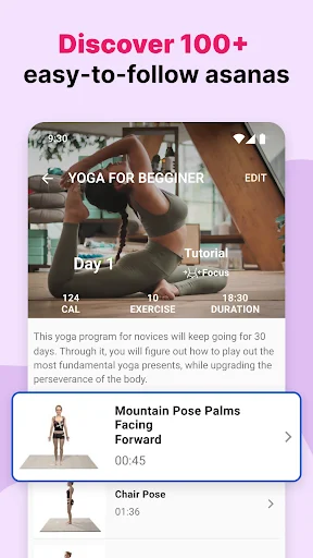 Yoga poses library displaying 100+ easy asanas including Mountain Pose and Chair Pose with tutorial videos for beginners